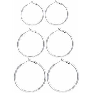 3 Pair Silver Hoop Earrings Set 14K White Gold Plated 40MM 50MM 60MM